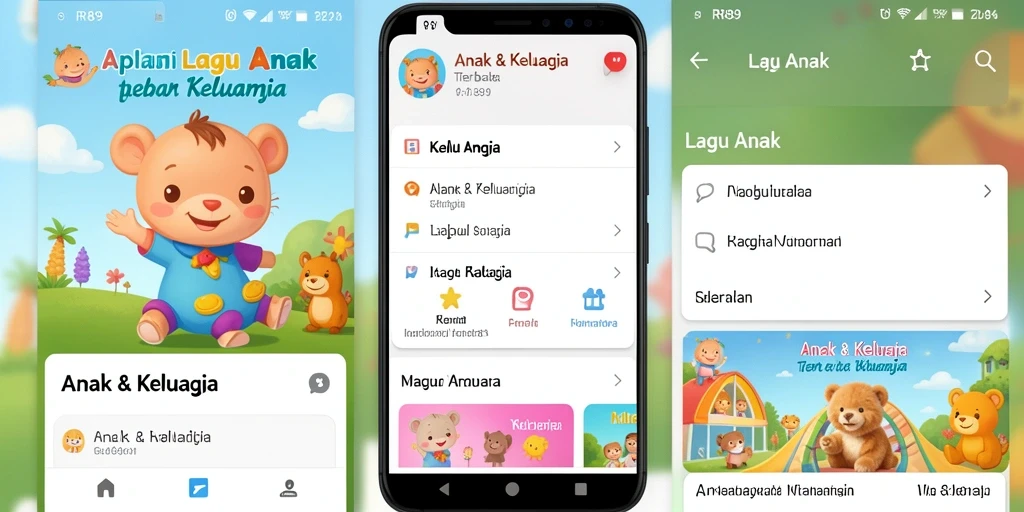 Antarmuka aplikasi RR89 yang ramah anak dengan fitur lagu dan permainan.
